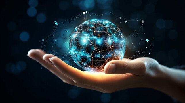 Human hand showing Digital technology, global internet network, Ai Artificial intelligence, big data concept