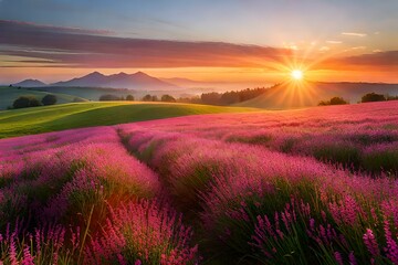 lavender field at sunset generated Ai.