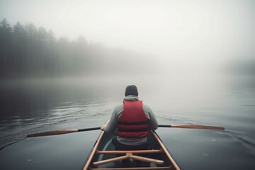 Man boat foggy. Generate Ai