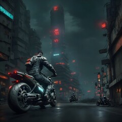 Foggy night and motorcyclists on deserted streets, Generative Ai
