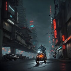 Foggy night and motorcyclists on deserted streets, Generative Ai - obrazy, fototapety, plakaty