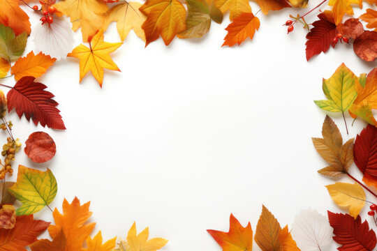 White background, Frame with many autumn leaves. Image to announce that there is an event, copy space.