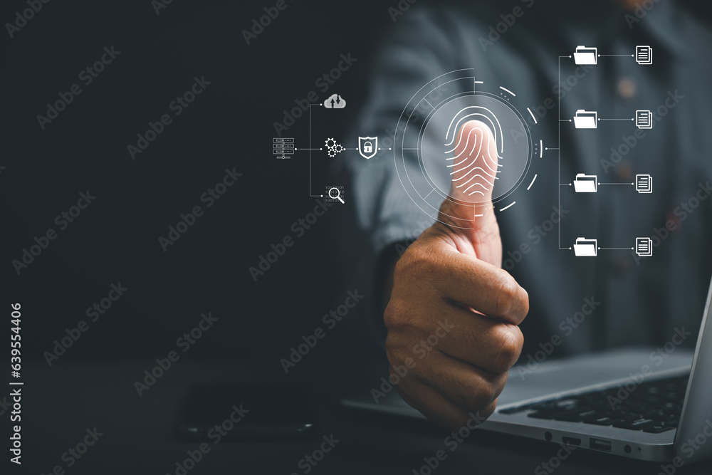 Poster futuristic fingerprint scanner ensuring global security and privacy. cutting-edge technology for per