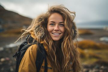 Smiling woman traveler in outerwear and with backpack in north, happy tourist looking at camera outdoors
