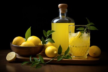 Handmade lemon liqueur, limoncello, on black. Generative AI