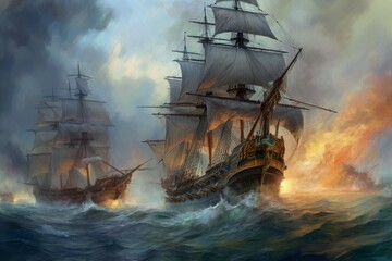 Fototapeta premium Pirate ships sea battle. Generate Ai
