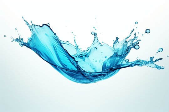 3D rendered blue water splash with isolated drops on a white background. Generative AI