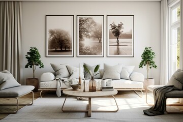 Scandinavian living room with four framed posters on the wall. Generative AI