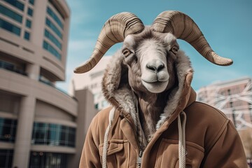 big horn goat wearing fashion outfit with cityscape background, Generative Ai