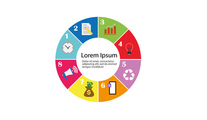 Infographics template with four steps or points in segment cake form connected to each other and...