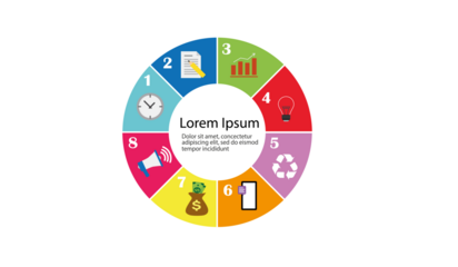 Infographics template with four steps or points in segment cake form connected to each other and sample text