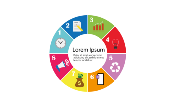 Infographics template with four steps or points in segment cake form connected to each other and sample text