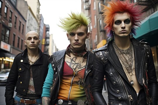 group of three men wearing punk outfit and make up with cityscape background, Generative Ai
