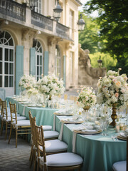  wedding, in the style of light green and light emerald, light turquoise and gold, light teal and gold, mediterranean landscapes