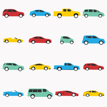 flat of colored cars with side view