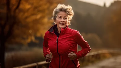Keuken spatwand met foto one old woman jogging running in park, Silver Gen healthy lifestyle, Generative Ai © QuietWord