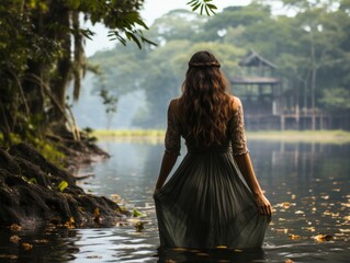 Photo feeling, a asian beauty standing by the river, The misty lake, shrouded in a veil of mystery, is surrounded by lush trees and vegetation. 