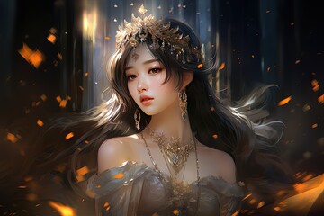 painting style illustration of beautiful fairytale princess wearing crown, Generative Ai 