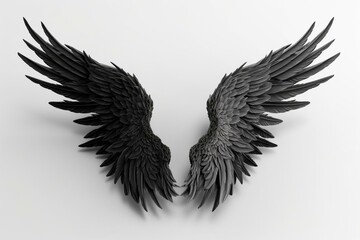 3D illustration of black fantasy angel wings on a white background. Generative AI