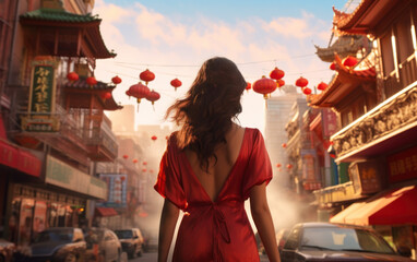 Chinese woman walking in Chinese new year festival decorated with lanterns on chinatown 