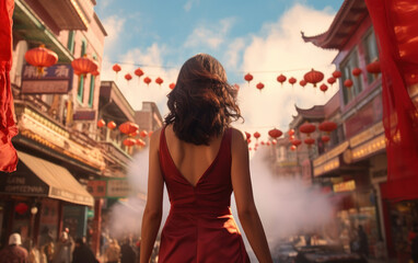 Chinese woman walking in Chinese new year festival decorated with lanterns on chinatown 
