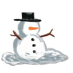 Snowman wears a black magic hat with a carrot nose, stone buttons, and wood arms, painted in crayon style and isolated on whited.