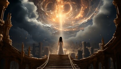 the girl climbs the divine staircase to heaven to god. Man in heavenly holy place. Made in AI
