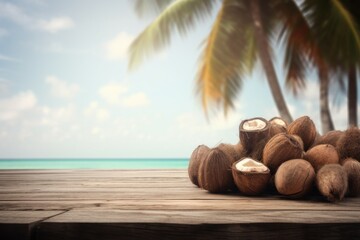 Coconut on wood table. Generate Ai