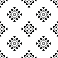 Aztec and Navajo tribal with geometric vector background. Seamless ethnic repeat pattern. Black and white colors. Design for textile, template, fabric, shirt, printing, rug, decorative, background.