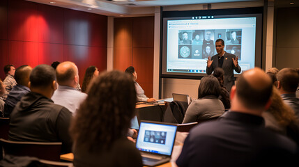 A professional leads a cybersecurity training session for employees, emphasizing best practices. The photography captures the engagement of participants, showcasing the educational aspect of safeguard - obrazy, fototapety, plakaty