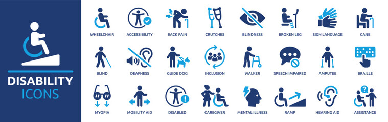 Disability icon set. Containing wheelchair, accessibility, blind, broken leg, disabled, assistance and deafness icons. Solid icon collection. Vector illustration.