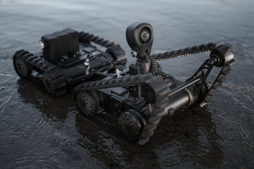 a small unmanned ground vehicle that is used to detect and dispose of explosive devices. CBRN topics. the robot eats on water. art photography
