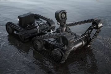 Fotobehang a small unmanned ground vehicle that is used to detect and dispose of explosive devices. CBRN topics. the robot eats on water. art photography © Svetlana
