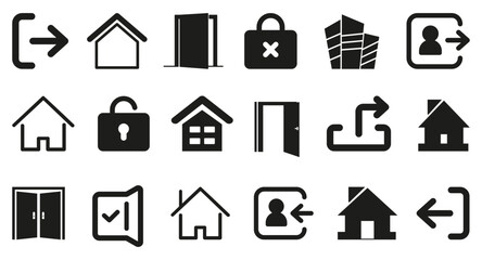 Login and exit icons symbol collection. Set of black login and exit icons. Login, home, lock, link icon collection