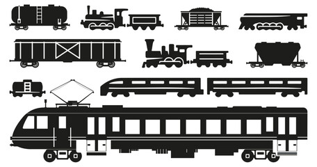 Freight train with locomotive, passenger train icons collection. Black silhouette of freight trains collection. Set of railway transport silhouette