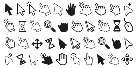 Click cursor icon collection. Set of computer mouse symbol. Arrow, hand, hourglass, mouse, zoom click icons. Computer mouse click cursor arrow and loading icons. Mouse click cursor symbol - obrazy, fototapety, plakaty