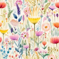 Watercolor seamless pattern flowers. Generated AI.