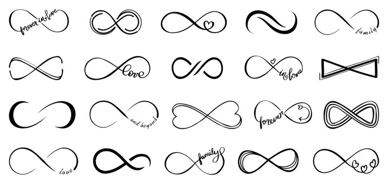 Infinite love symbol collection for family, wedding, love story. Hand drawn infinite heart icons. Endless love symbol with infinity icons