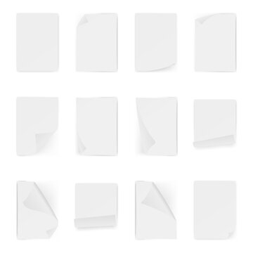 Blank grey sticker collection with curled corner. Blank paper stickers of different shapes. Set of empty template rectangle sticky labels