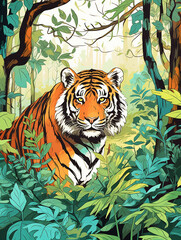 a forest with animals peeking from behind the trees, focus on an endangered tiger, vivid colors, children's book style, texture of pencil strokes