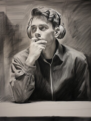 black and white charcoal sketch of a student with hearing aids participating actively in a classroom discussion. Focus on his facial expressions