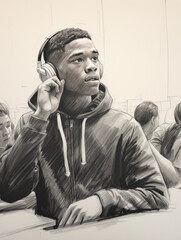Fototapeta premium black and white charcoal sketch of a student with hearing aids participating actively in a classroom discussion. Focus on his facial expressions