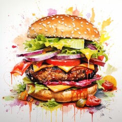 Watercolor burger. Generated AI.