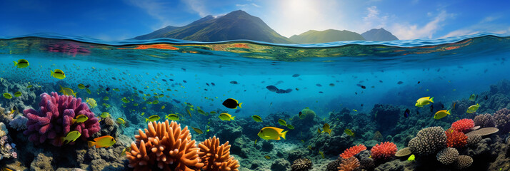 Fototapeta na wymiar Marine life under the sea: a coral reef teeming with diverse species, bright colors