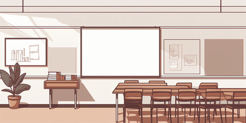 Minimalistic line art illustration, showcasing a universal design classroom with all the necessary accessibility features. Muted, monochromatic color palette, simple yet impactful