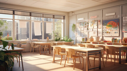 Fototapeta na wymiar a modern classroom environment, filled with adaptive teaching aids for children with special needs. There's a touch of soft golden sunlight streaming in