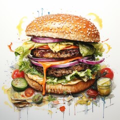 Watercolor burger. Generated AI.