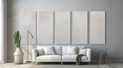 Light gray wall with vertical painted canvases for mockups. Created with Generative Ai technology.
