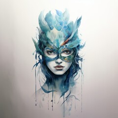 Watercolor woman in mask. Generated AI.