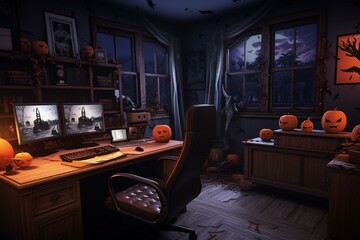 Contemporary haunted office with computer and Halloween themed decor. Generative AI